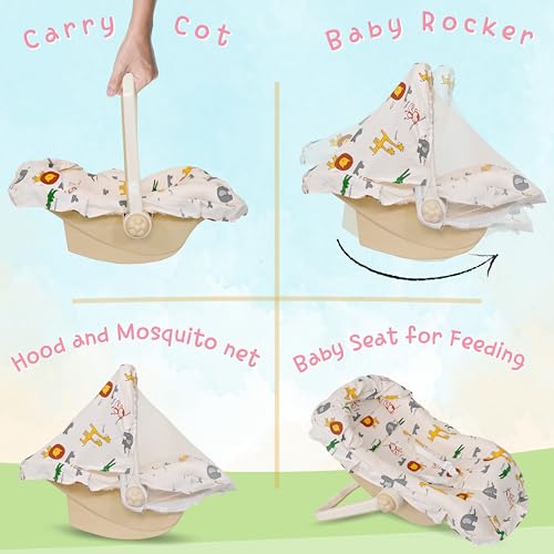 Image of AVANI METROBUZZ 5-in-1 Baby Carry Cot and Rocker, Adjustable Handle, Safety Belt, Large Canopy, Cream with Mosquito Net