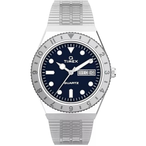 Timex 36 mm Q Timex Caixa em dois tons de aço inoxidável ouro rosa, Prateado/azul, One Size, Caixa de dois tons de aço inoxidável Q Timex de 36 mm