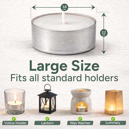 Image of Zuvo Tea Lights Candles 4 Hour Burn (100 Pack) - White Lights - 1.5 inchW x 1 inchH Smokeless & Unscented Candles - Party Candles- for Weddings, Home Decor