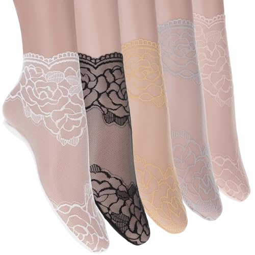 5Pairs Women's Lace Socks Sheer Lace Socks Fishnet Socks Ankle Mesh Lace Socks Lace Loose Socks for Women Girls