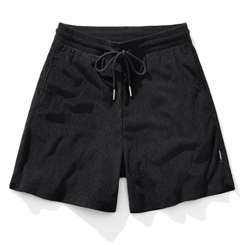 AIMPACT Mens Corduroy Shorts 5/6 Inseam Casual Elastic Waist Drawstring Summer Beach Shorts for Men with Pockets Black