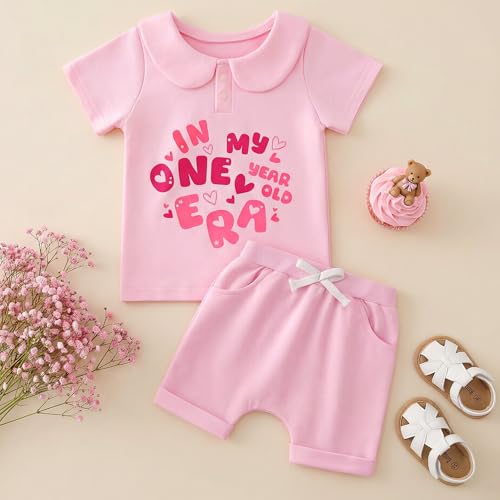 HONGTEYA Baby Girl First Birthday Outfit In My One Year Old Era Top Short Sleeve 1st Birthday Shirt Casual Shorts Set (Pink, 12-18 Months) — view 4