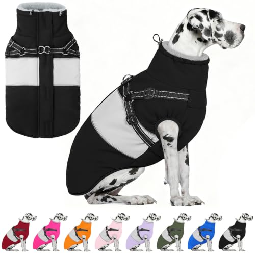 AOFITEE Dog Coat with Harness Waterproof Dog Winter Jacket for Large Dogs