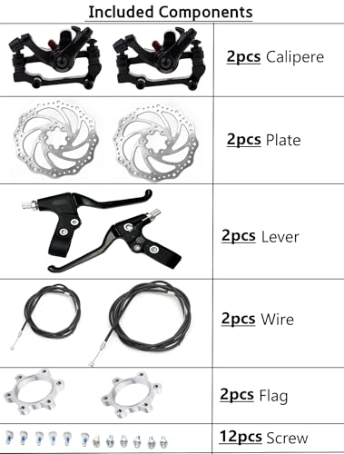 Image of CYBIC Complete Bicycle Brake Kit, Black and Silver, 2 Disc Calipers, 2 Brake Plates, 2 Brake Levers, Mounting Hardware