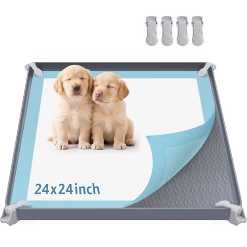 Image of LOOBANI Dog Pee Pad Holder - Non-Slip Silicone Dog Potty Tray with 4 Clamps, High Edge Puppy Pad Holder Tray for Indoor Potty Training, 24 inch x 24 inch Square Puppy Training Pads, Gray