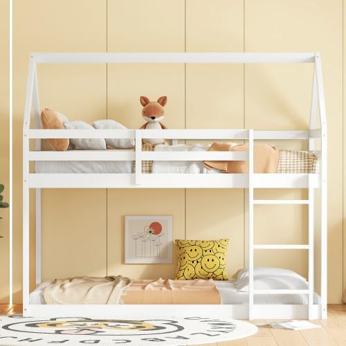 White Twin-Over-Twin Solid Wood Kids Bunk Bed