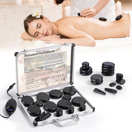 Ricyea Hot Stone Massage Set, Lavasteine für Massage, 21 Stück Basalt Massagesteine im Wärmegerät Tragbar, Einstellbare Temperatur, geeignet für Privatanwender, Spa, Massagetherapy & Entspannung