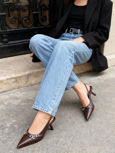 Image of Mostrin Kitten Heels for Women Pointed Toe Pumps Patent Leather Low Heel Slingback Heels with Buckle Dress Shoes for Dating Party Working