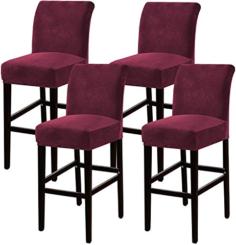 FASCINATDECO Fundas De Silla De Bar De Terciopelo De Elásticos con Respaldo, Funda Extraíble Y Lavable para Silla De Comedor Giratoria Corta Silla De Respaldo Silla De Bar (Vino Rojo,Set of 4)