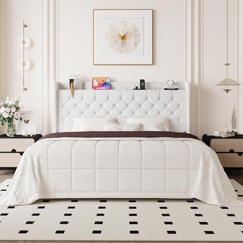 Allewie King Size Bed Frame, Storage Headboard & Charging Station, White