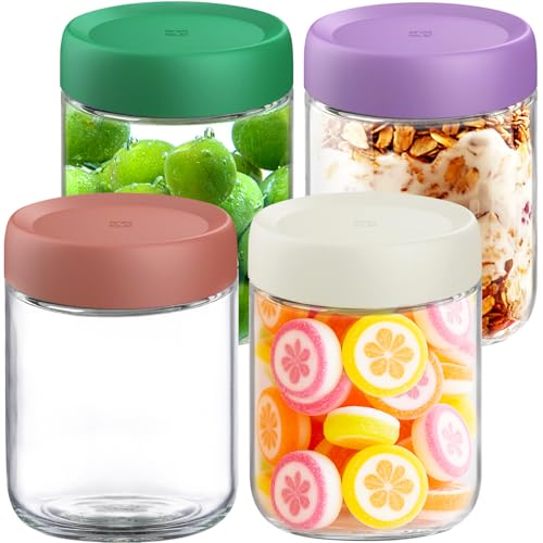 16oz Overnight Oats Containers with Lids - 4 Pack Bulk Airtight Glass Jars, Meal Prep Jars for Yogurt, Salad, Smoothies, Reusable Storage Containers (Leakproof, Dishwasher & Freezer Safe)