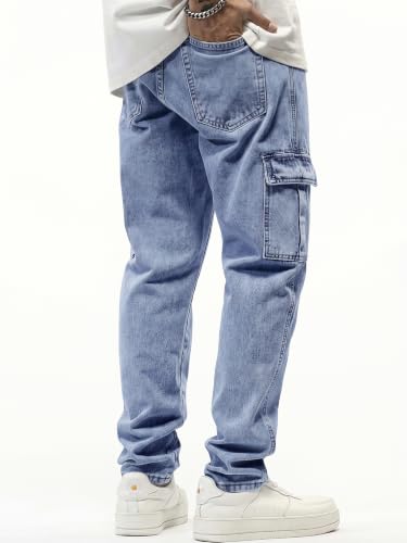 Image of JMIERR Men's Elastic Waist Cargo Jeans Stretch Denim Pants with Drawstring Straight Leg for Casual Daily Wear
