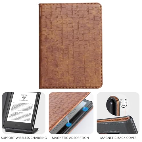 Image of CoBak Case for 6 inch E-Reader - PU Leather Smart Cover with Auto Sleep /Wake & Hand Strap, not Compatible with Kobo Clara,Croco Brown