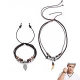 BIVYAX Set da 2 Collana e Bracciale Uomo, Stile Boho Etnico, Pendente Dente, Vintage, Cuoio e Corda, Multistrato, Regolabile, per Uomo e Donna, Ideale per Festival, Feste a Tema Anni 70