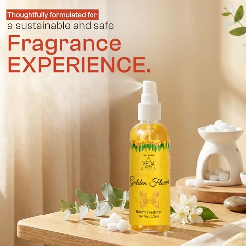 Image of Welburn Veda&Co Golden Flower Fragrance Room Freshener 100ml | Long Lasting Divine Aroma Spray for Home, Puja Room, Office & Meditation Space | Spiritual & Refreshing Air Freshener
