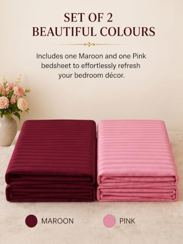Image of Mafatlal 210 TC Italian Stripe Single Bedsheet Set with Pillow Cover (60 x 90 Inches) | 100% Cotton | Hotel Collection | Soft Breathable Flat Bed Sheet | Deep Maroon N Pink