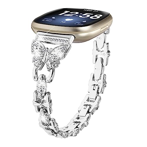 Gimuk Straps Compatible with Fitbit Versa 4/Sense 2 Strap for Women Metal Stainless Steel Wristband Adjustable Bling Diamond Replacement Strap Band Bracelet for Fitbit Versa 3/Sense (Silver)