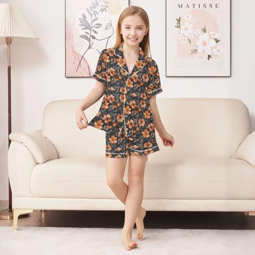 senya Orange Flower Black Satin Summer Pajama Sets Silk Short Sleeve Button Down Sleepwear4