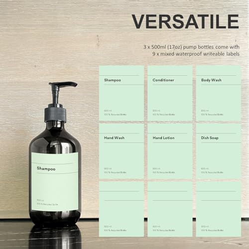 Recycled Plastic Pump Bottle Dispenser 3 x 500ml, Bathroom Bottles With Labels - Image 3