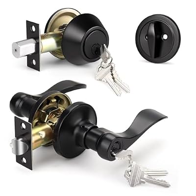 Knobonly 1 Pack Keyed Alike Front Door Handle with Single Cylinder Deadbolt, Matte Black Exterior Door Lock Set, Zinc Alloy