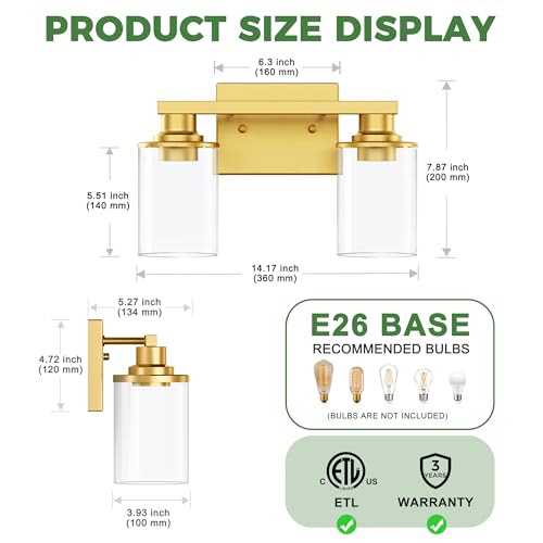 Image of DORESshop Gold Bathroom Light Fixture Over Mirror 2-Light Vanity Light