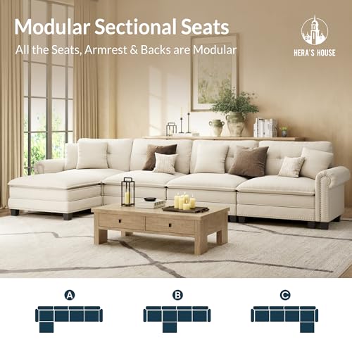 Image of HERA'S HOUSE 150 inch Oversized L Shaped Modular Sectional Couch Living Room | Mid-Century Modern 5-Seater Cloud Sofa, White, Rolled Arms & Nailhead Trim, Wider & Deeper Seats, Ottoman, Chenille