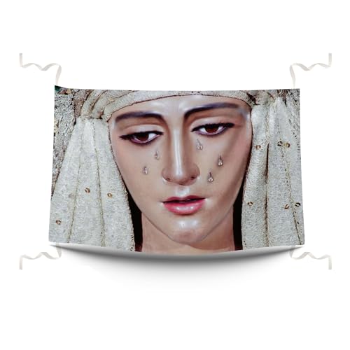 Pla Pla Pla Balconera Esperanza de Triana. Decoración religiosa de tela 100x70 cm. Balconera Triana decoración balcón. Tela impresa Virgen Esperanza de Triana.