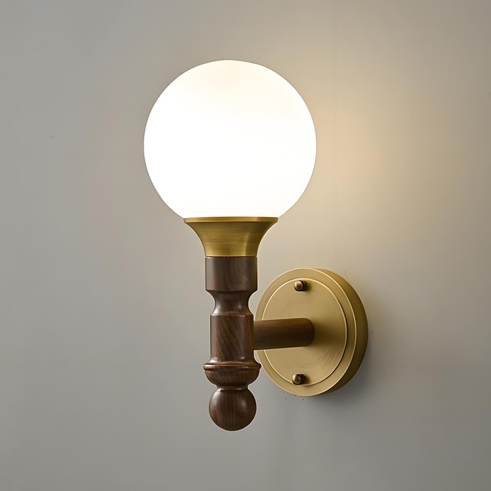 SXECAEPS Walnut Wood Wall Sconce Retro Lamp with Milky White Globe Glass Sahde, Indoor Lighting In Brushed Brass Finish, Lights for Living Room Hallway Bedroom
