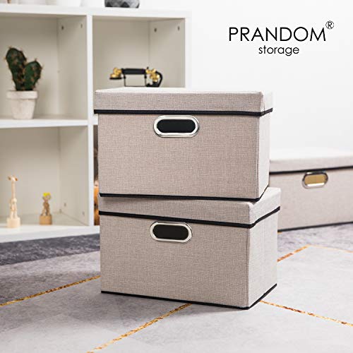 Image of PRANDOM Foldable Storage Bin with Lid [3-Pack] Linen Fabric Decorative Storage Box Organizer Container Basket Cube with Handles Divider for Closet Office Living Room Light Grey(14.9x9.8x9.8)