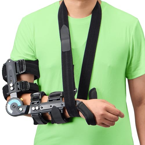 Adjustable Hinged Elbow Brace with Hand Grip and Sling for Post-Surgery Recovery (Left Arm)
