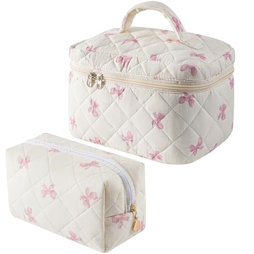HHQQWZ 2 Pcs Makeup Bag Cosmetic Bag for Women Girls, Cute Large Large Floral Cosmetic Bag, Flower Travel Toiletry Bag Makeup Brushes Cotton Makeup Bag Set (Pink Bow Tie+Pink Bow Tie)