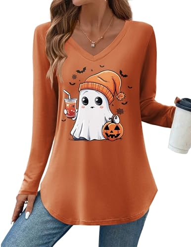 Zeagoo Halloween T Shirt Long Sleeve Tops for Women Cute Ghost Fall V Neck T Shirt Loose Thanksgiving Funny Graphic Tunic L