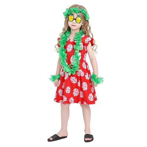 Hawaiian Luau Girls Dress Red Ruffled Tropical Leaf Skirt with Green Lei Set and Pineapple Sunglasses2