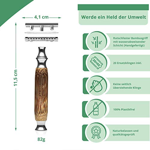 Foto von RawSilix | Premium Rasierhobel inkl. 20 extra Klingen | Bambus Nassrasierer Herren & Frauen | Umweltfreundlich | 1 Kauf pflanzt 1 Baum | ZEROWASTE