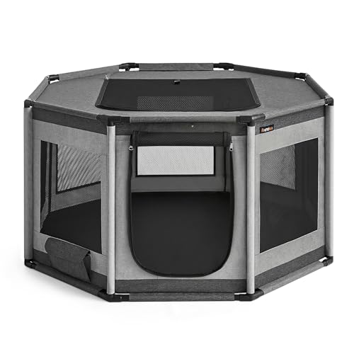 Feandrea Tierauslauf Oxford-Gewebe, Freilaufgehege achteckig, Tierkäfig L, 112 x 112 x 62 cm, Rahmen aus PVC-Rohren, atmungsaktives Netz, mit Seitentasche, Taubengrau-schiefergrau PDC003G01