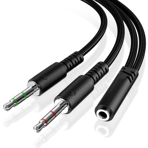 KOOPAO Headphone 3.5mm Splitter Mic Cable for Computer, Headset 3.5mm Female to 2 Dual Male Microphone Audio Stereo Jack Earphones Port to Gaming Speaker PC Adapter