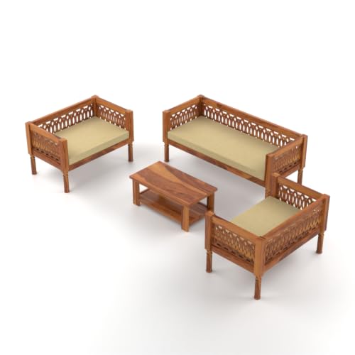 Image of NATRAJ ART & CRAFT Sheesham Wood 7 Seater Sofa Set for Living Room | Wooden CNC Sofa Set for Living Room Furniture (3+2+2 Seater, Honey Finish)