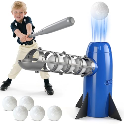 AuntyFey Auto Kids Baseball Pitching Machine, Automatic Baseball Launchers for Kids 6-8, Batting Practice Equipment with 5 Plastic Balls & Bat, Pop Up Tball Trainer, Blue