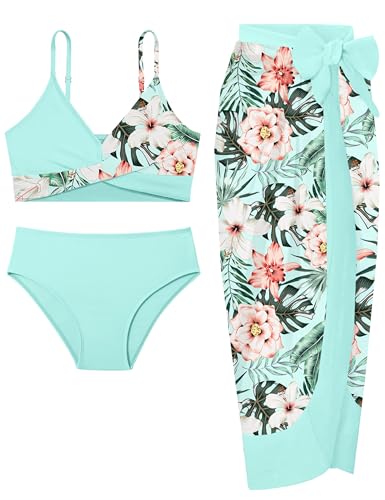 Girls Swimsuit 3 Piece Bathing Suit V-Neck Cross Bikini Set with Cover Up Wrap Skirt Girls' Swimwear 9-16T