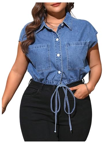 Verdusa Women's Plus Size Button Down Denim Vest Drawstring Cap Sleeve Crop Jackets with Pocket