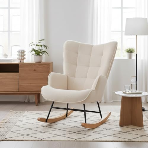 Fauteuil à Bascule Scandinave, Rocking Chair Confortable avec Haut Dossier, Pieds à Bascule en Bois Massif et Structure en Métal, Idéal pour Salon, Chambre et Bébé – Image 4