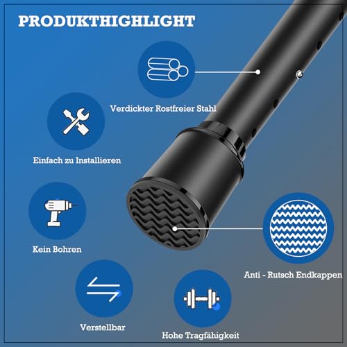 AEAGERY Belastbare Gardinenstange ohne Bohren 32mm Matt Schwarz, Ideal für Duschvorhänge – Ausziehbar bis 360cm