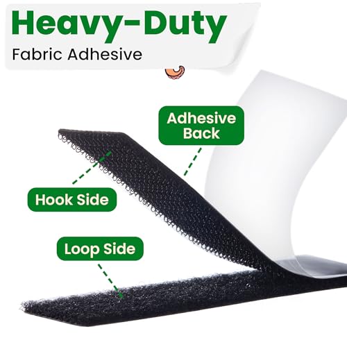 (1x4 Inch, 16 Sets) Strips with Adhesive for Fabric, No Sew Stick On for Fabric, Sticky Back for Clothes, Curtains - Heavy Duty Double Sided Hook and Loop Hem Tape Fasteners, No Sewing No Iron, Black