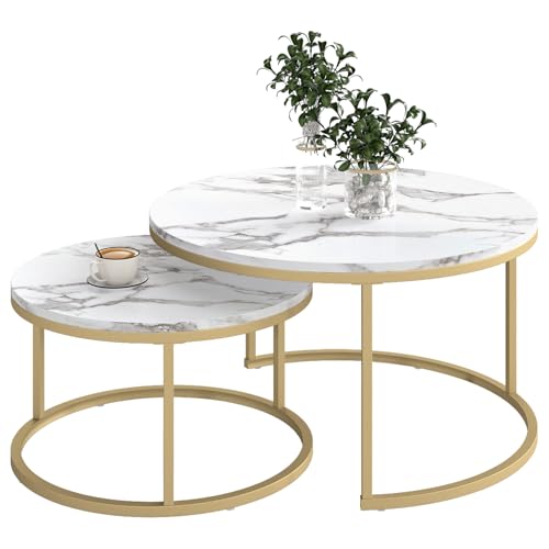 Ginhow Table Basse Gigogne Ronde Effet Marbre Blanc Lot de 2 Tables de Salon Modernes Doré Table Basse Ronde Blanche Ø80+60 cm, Tables Gigognes de Salon avec...