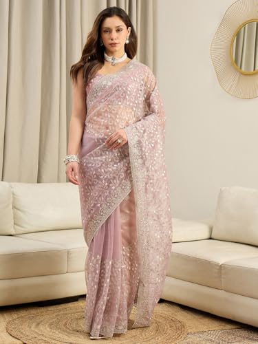 Image of AKHILAM Women's Net Embroidered Saree With Unstitched Blouse Piece