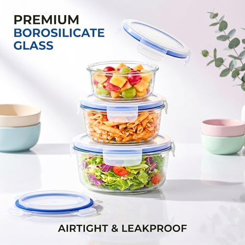 Image of ALTITUDE Borosilicate Round Glass Food Container Set with Airtight Locking Lids, 900ml 600ml 375ml, Insulated Tiffin Bag & 120ml Glass Jar, Microwave Oven Freezer Safe