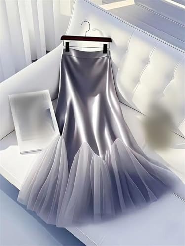 Women Satin Mesh Patchwork Skirt High Waist Solid Tulle Splicing Midi A-Line Skirts3