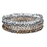 Lubrifico Boho Crystal Bracelet Set of 4pcs/set,4mm Beads Stackable Layering Stretch Bracelets for Women, Friendship Gifts（grey