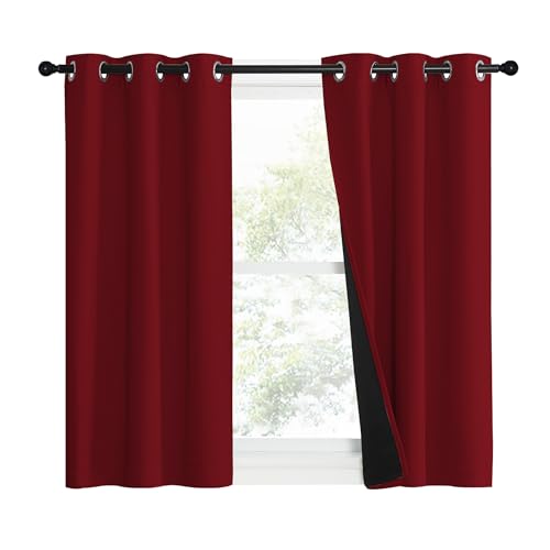 Image of NICETOWN 100% Blackout Curtains with Black Liner Backing, Thermal Insulated Curtains for Living Room, Noise Reducing Drapes for Christmas, Burgundy Red, 37 inch x 40 inch Per Panel, Set of 2