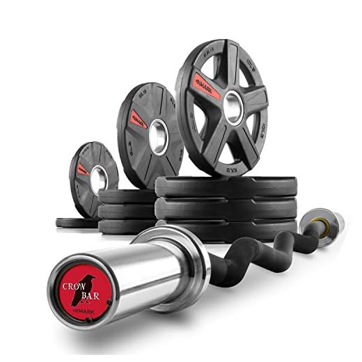 XMark Olympic Bar Curl Bar with Weights Offer, Olympic Weights 65 lb Set of TEXAS STAR Olympic Weight Plates, Rubber Coated, Patented Design XM-3389 with EZ Curl Bar, Black Manganese 28mm CROWBAR